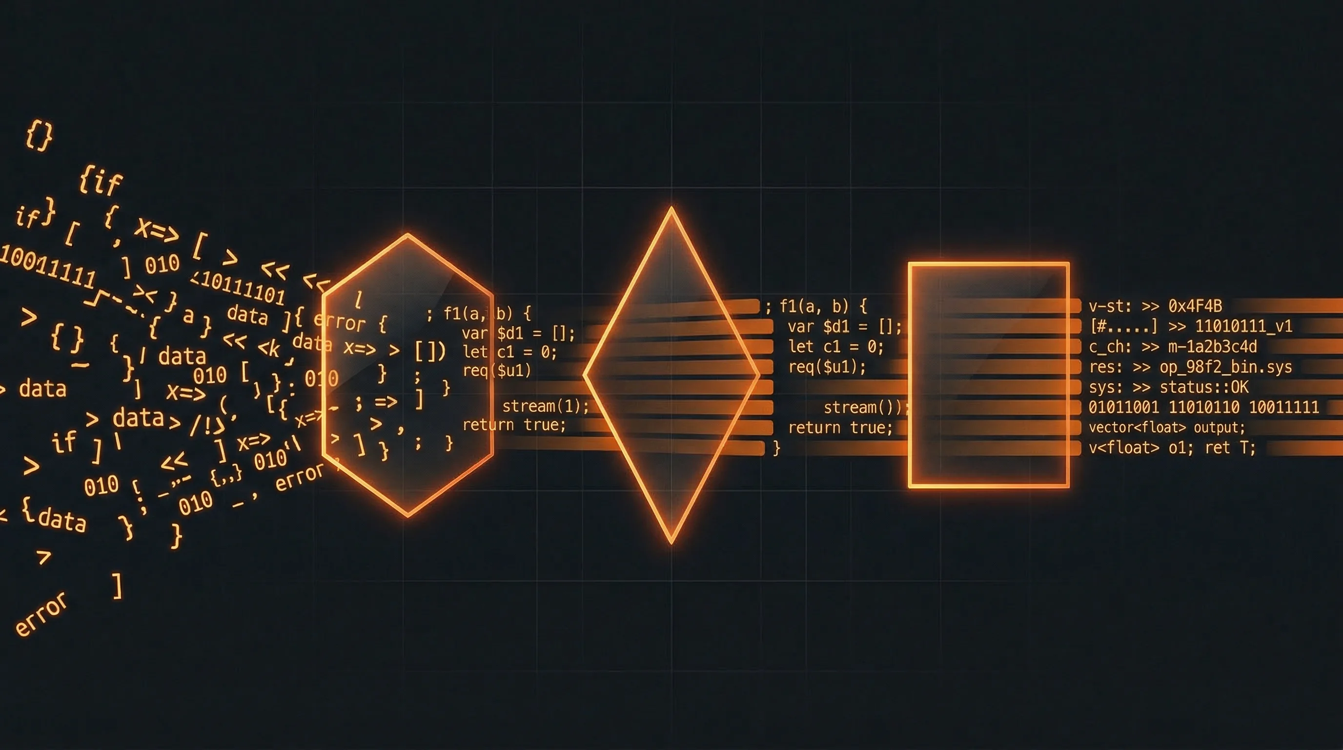 Abstract illustration of code fragments flowing through three geometric gates, becoming more ordered after each checkpoint