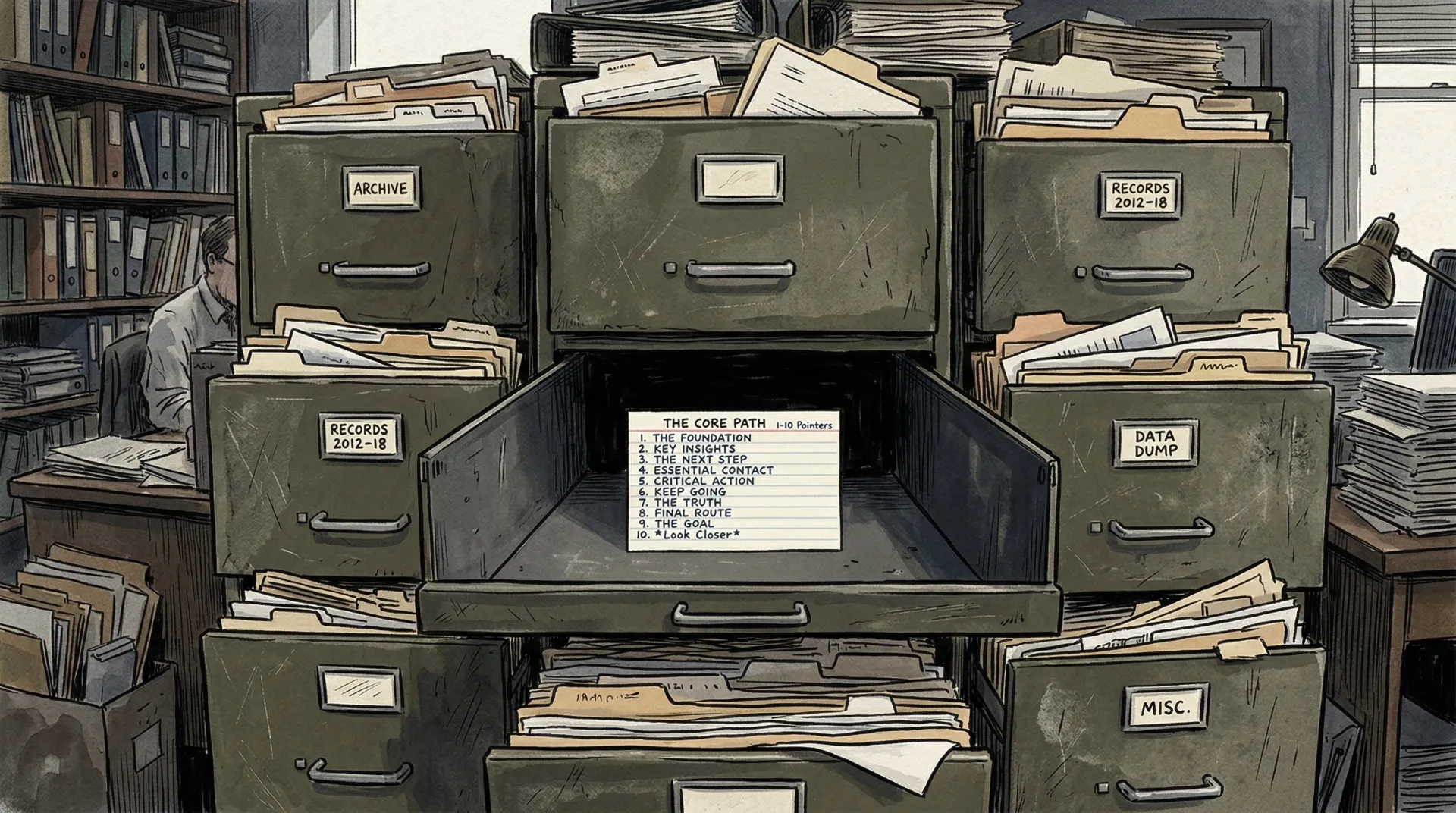 Illustration of an overflowing filing cabinet with one drawer open, revealing a single index card with a neat list instead of hundreds of files